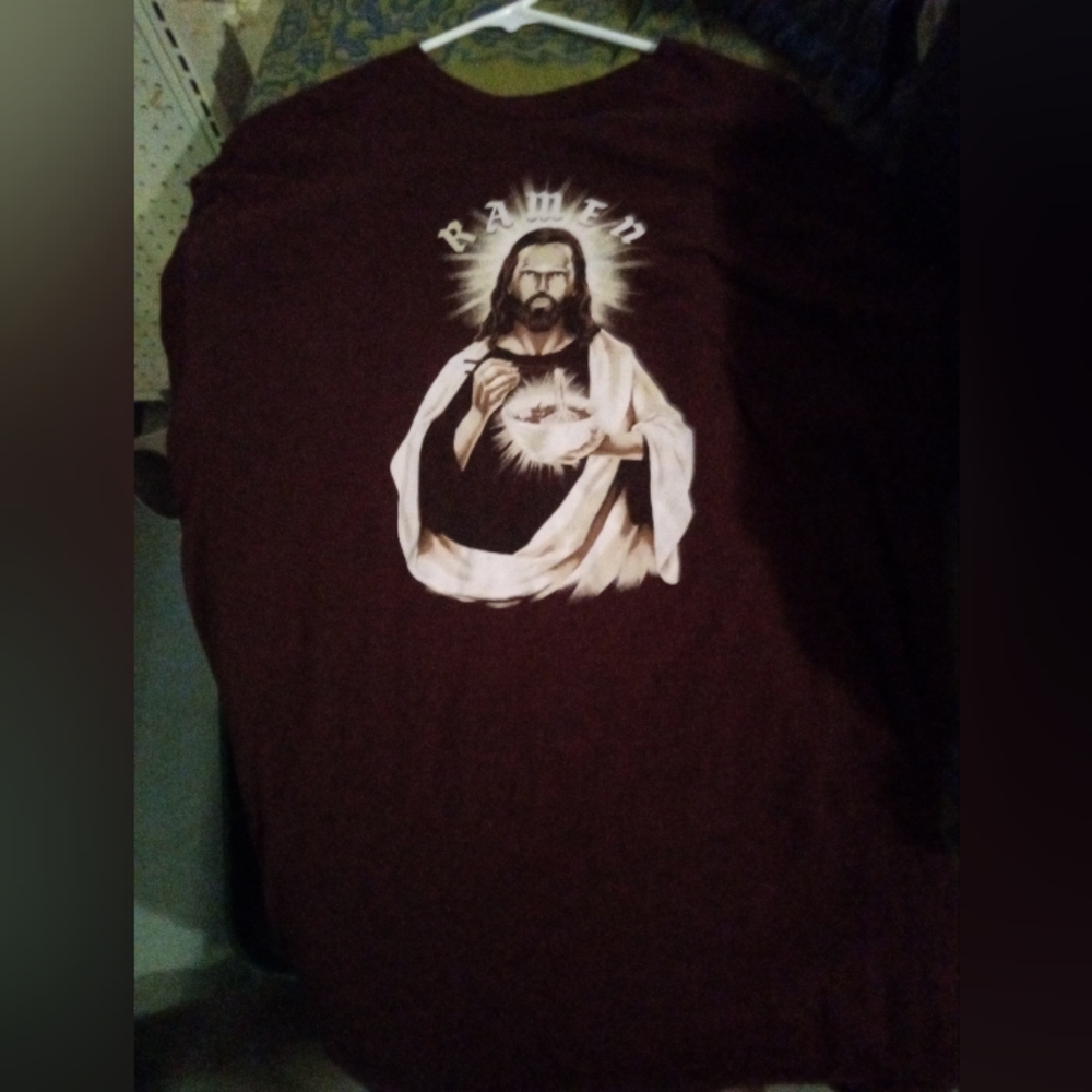 Headline tee shirt Jesus eating ramen noodles
